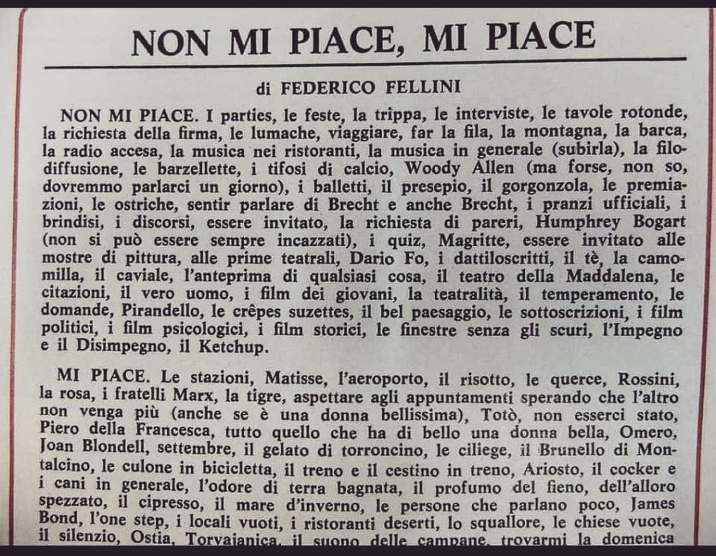 La lista di Federico Fellini: non mi piace mi piace